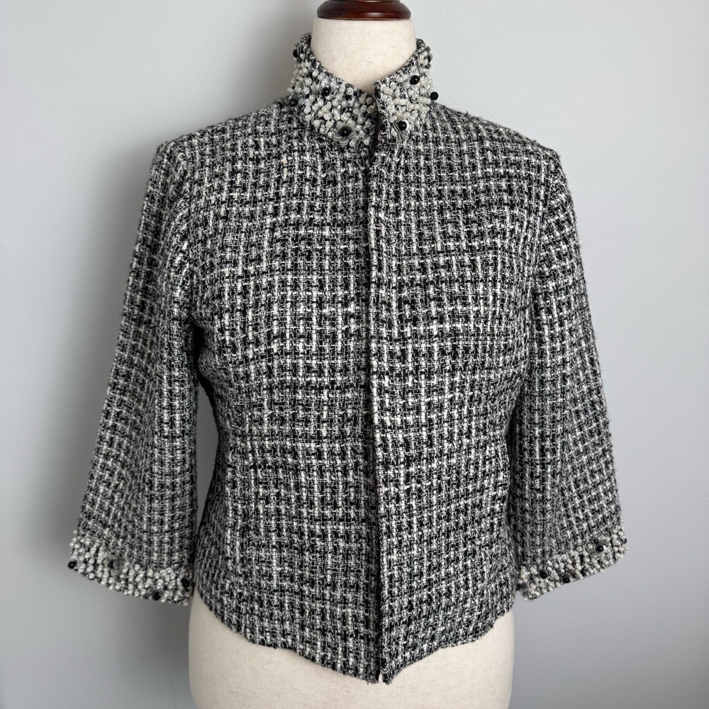 Chico’s Women’s Black and White Tweed Jacket with Pearls